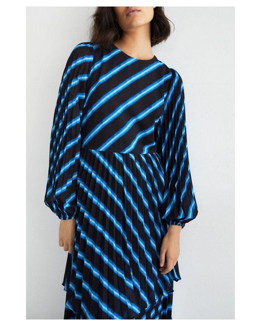Warehouse Blue Stripe Pleated Double Layer Midi Dress