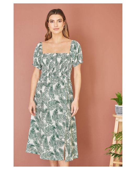 Yumi' Green Organic Cotton Palm Print Midi Dress With Side Split