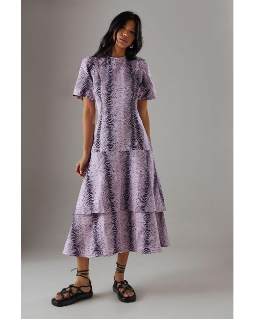 Warehouse Purple Animal Twill Puff Sleeve Ruffle Hem Midi Dress