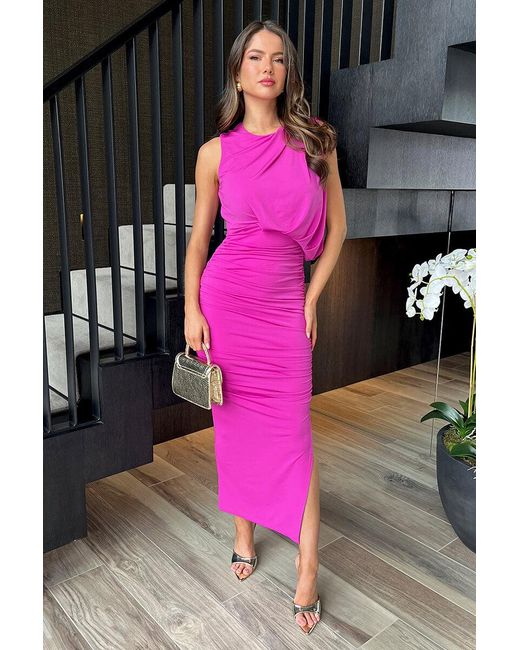 AX Paris Pink Hot Sleeveless Draped Top Ruched Skirt Midi Dress