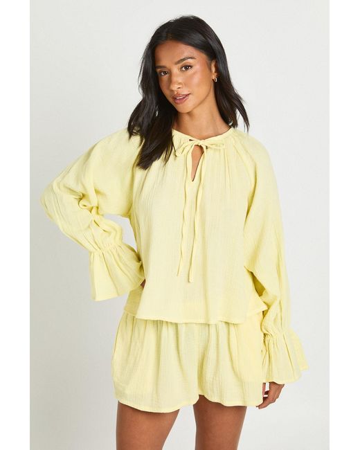 Boohoo Yellow Petite Cheesecloth Milkmaid Blouse And Short Co-Ord