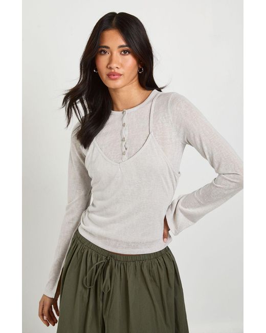 Boohoo Gray Sheer Double Layer Henley Top