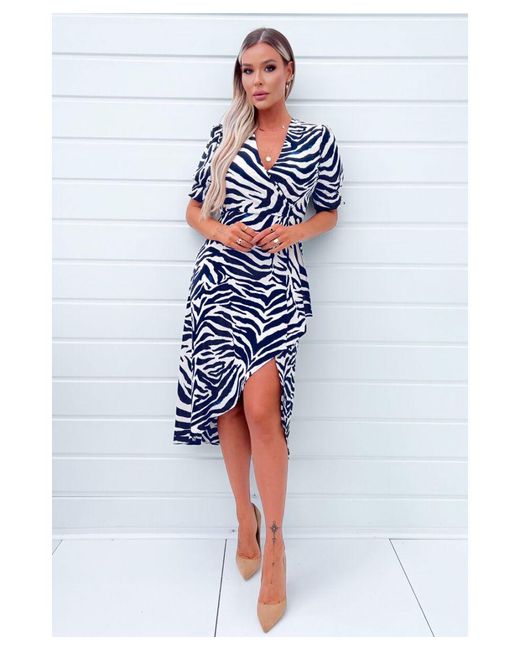 AX Paris Blue And Cream Zebra Printed Wrap Skirt Midi Dress