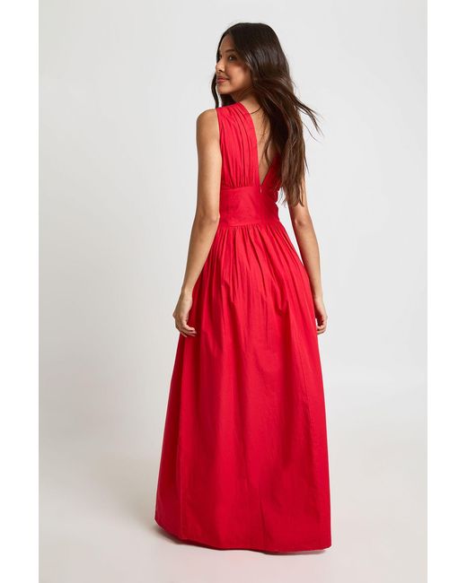 Boohoo Red Cotton Poplin Deep V Cinched Waist Detail Maxi Dress