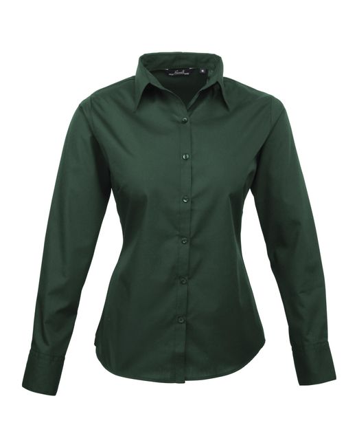 PREMIER Green Ladies Poplin Long Sleeve Blouse Plain Work Shirt (Bottle)