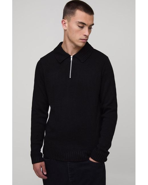 BoohooMAN Black Regular Fit Long Sleeve Zip Neck Knitted Polo for men