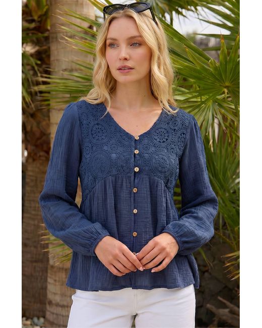 Roman Blue Crochet Button Up Blouse