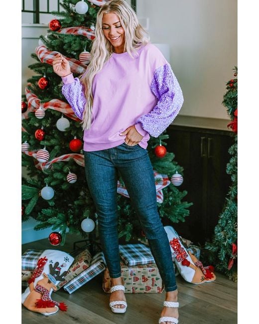 Azura Exchange Purple Orchid Petal Sequin Patchwork Long Sleeve Pullover Top