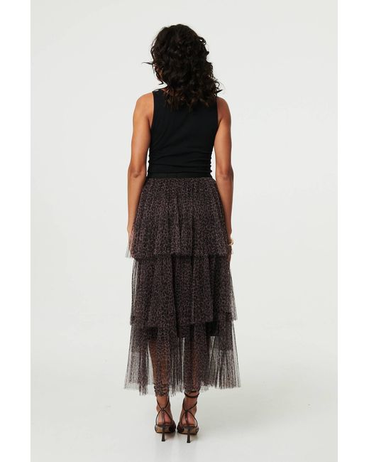 Izabel London Brown Animal Print Tiered Midi Skirt