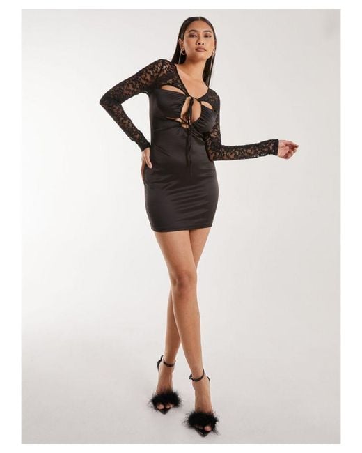 Pink Vanilla Black Lace Long Sleeve Cut Out Mini Dress