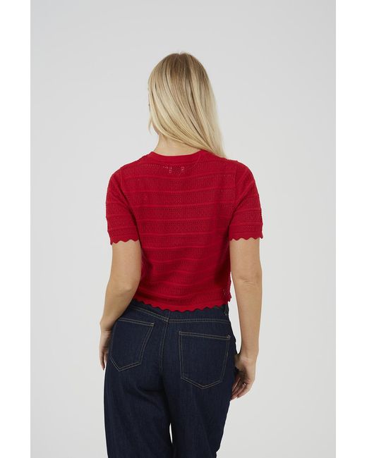Brave Soul Red Short Sleeve Stitch Detail Crew Neck Cardigan