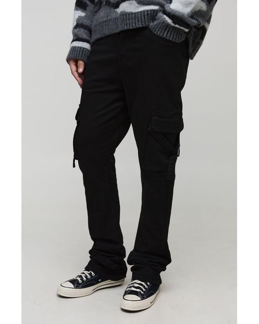 BoohooMAN Black Tall Fixed Waist Stretch Slim Stacked Flare Strap Cargo Trouser for men