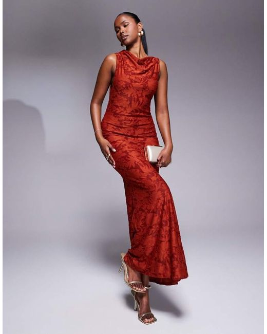 ASOS Red Sleeveless Twisted Shoulder Devore Maxi Dress