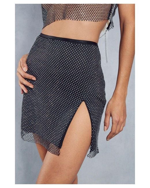 MissPap Blue Diamante Fishnet Split Mini Skirt