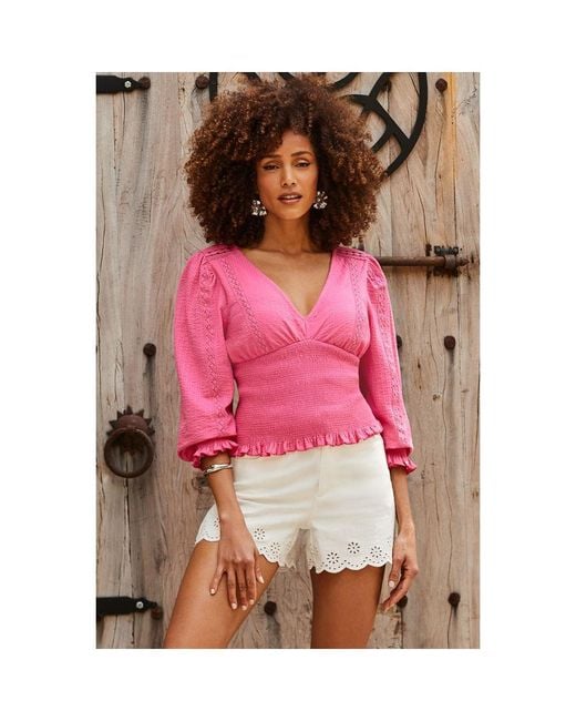 Sosandar Pink Hot Shirred Detail Cotton Top