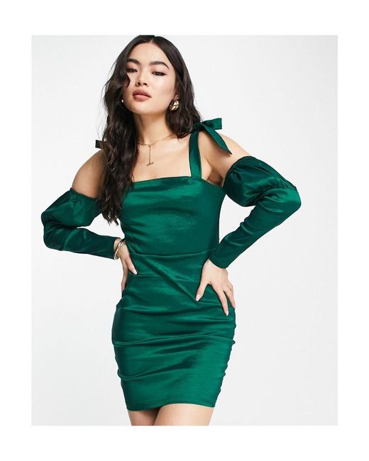 Naanaa Green Bardot Puff Sleeve Satin Bodycon Dress