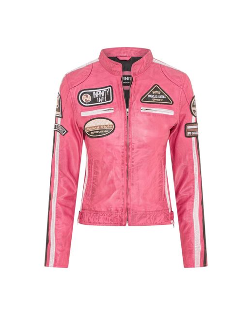 Infinity Leather Pink Biker Racing Badges Jacket-Incheon Lamb Leather