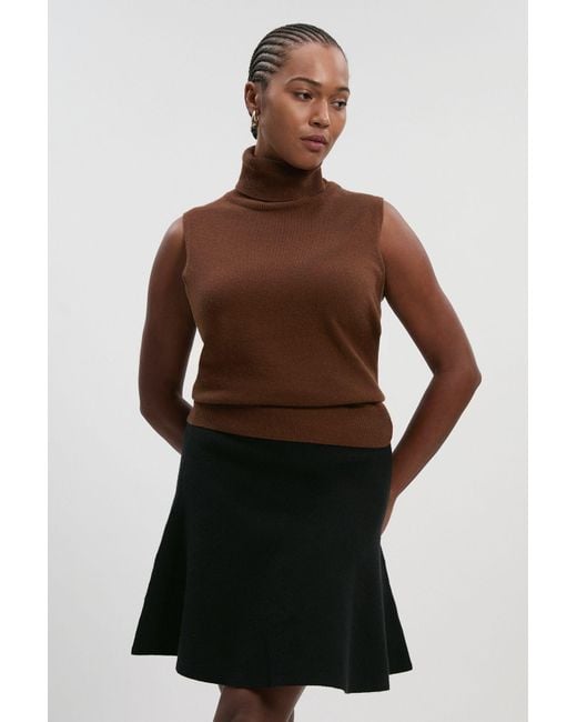 Karen Millen Brown Plus Size Compact Wool Look Knit Flippy Mini Skirt