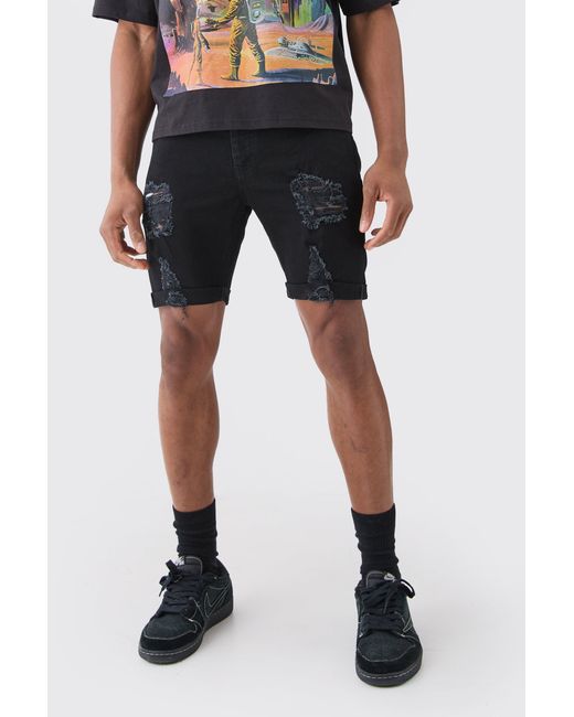 BoohooMAN Blue Skinny Stretch Distressed Jean Shorts for men
