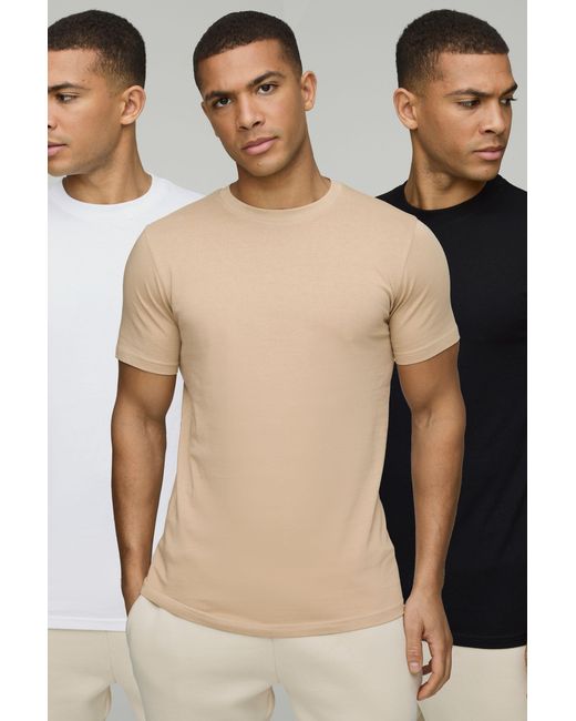 BoohooMAN Natural 3 Pack Slim Fit Crew Neck T-Shirts for men