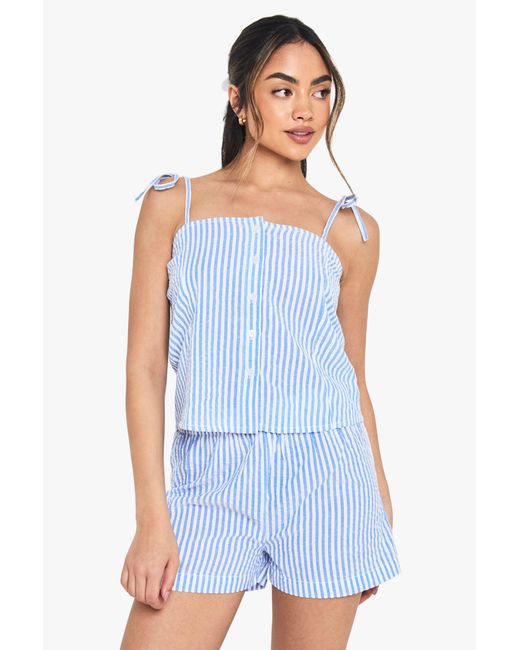 Boohoo Blue Seersucker Stripe Button Cami & Short Pyjama Set