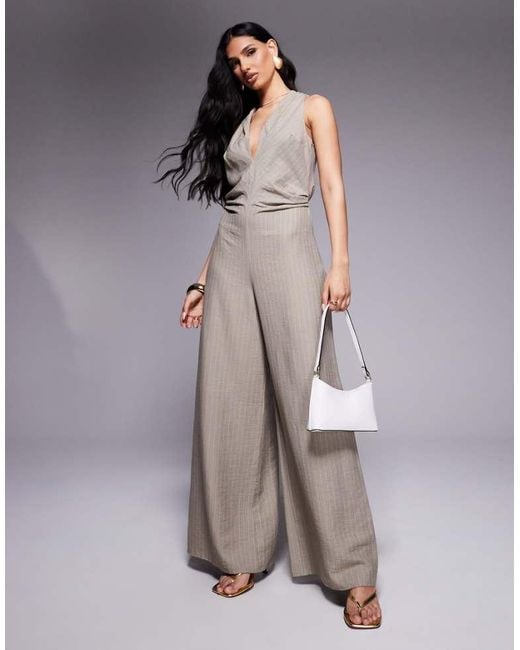 ASOS Gray Ruched Waist Detail V Neck Jumpsuit