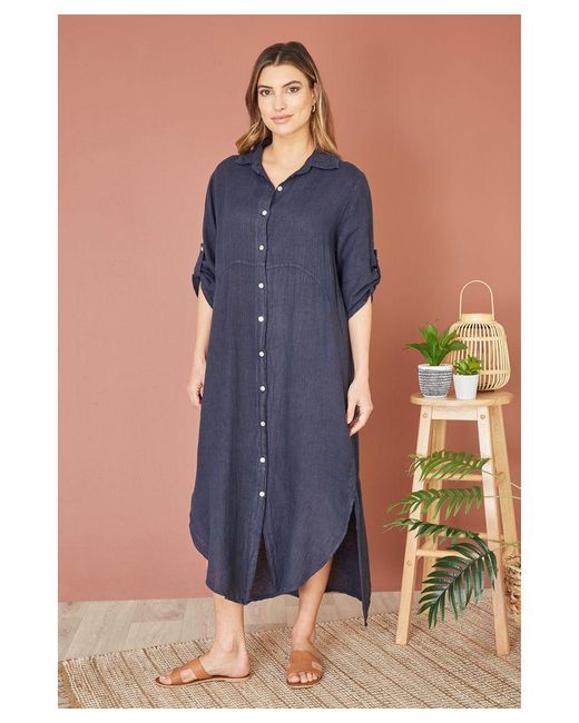 Yumi' Blue Italian Linen Relaxed Midi Shirt Dress With Turn Up Sleeves