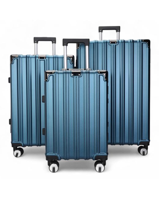 Infinity Leather Blue Hardshell Suitcase Robust 8 Wheel Luggage Cabin Case Bag