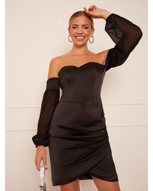 Chi Chi London Black Long Sleeve Corset Style Satin Mini Dress