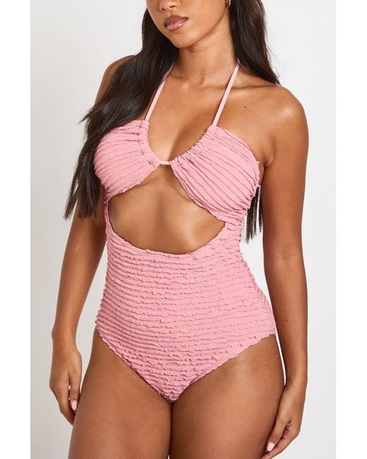 Boohoo Pink Textured Cut Out Halter Neck Swimsuit
