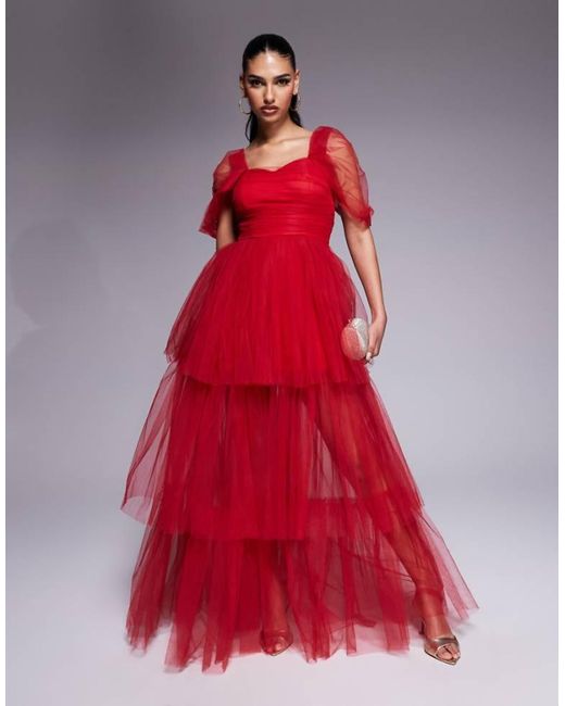 LACE & BEADS Red Off Shoulder High Low Tulle Maxi Dress