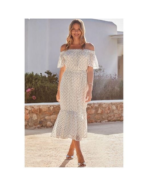Sosandar Spot Print Bardot Tiered Maxi Dress in White Lyst UK