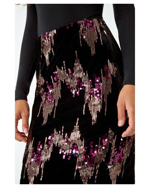 Roman Black Embellished Sequin Velvet Stretch Skirt