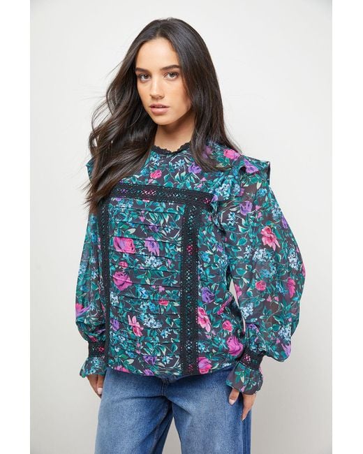 Oasis Blue Printed Lace Trim Pleat Detail Boho Blouse