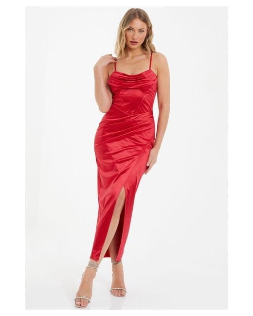 Quiz Red Corset Split Hem Maxi Dress