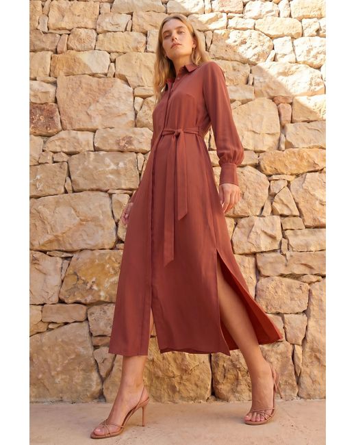 Roman Brown Tie Waist Buttoned Shirt Dress
