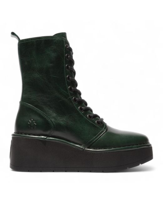 Fly London Black Petrol Hait Leather Lace-Up Chunky Platform Ankle Boots