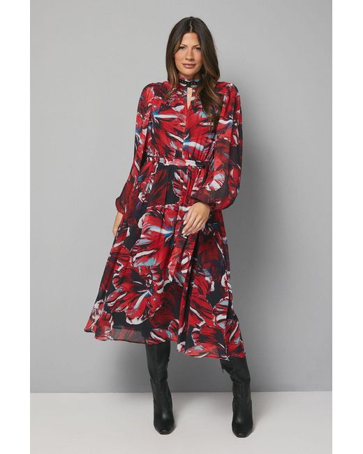 Wallis Red Floral Stud Trim Midi Dress