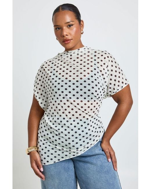Boohoo Blue Plus Mesh Polka Dot High Neck Ruched Side Asymmetric Top