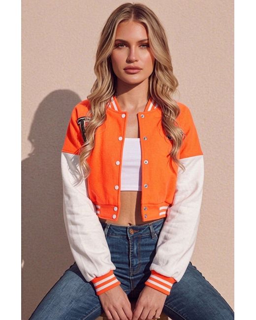 Femme Luxe Orange Varsity Slogan Contrast Sleeve Bomber