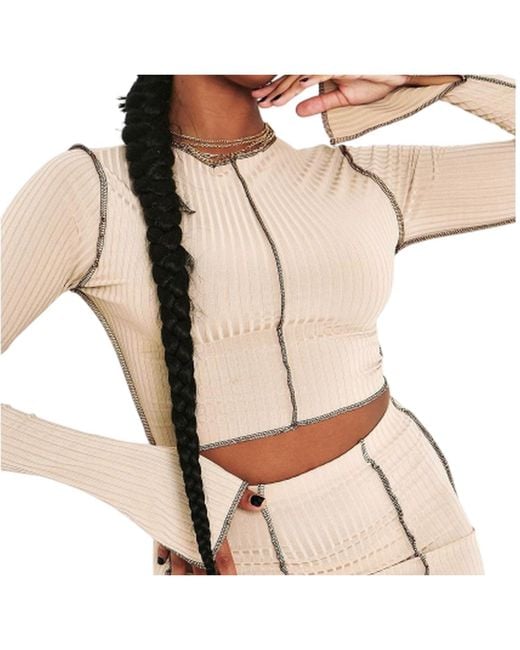 Missy Empire Natural Missy Empire /Ladies Contrast Ribbed Slit Sleeve Crop Top