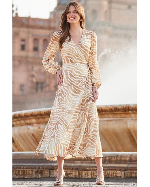 Sosandar Natural Metallic Animal Print Blouson Sleeve Wrap Midaxi Dress