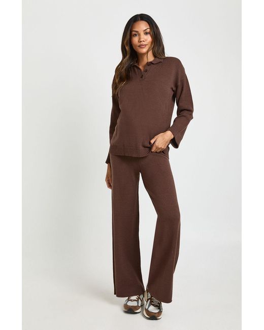 Boohoo Brown Maternity Collared Button Down Jumper And Straight Leg Trouser Co-Ord