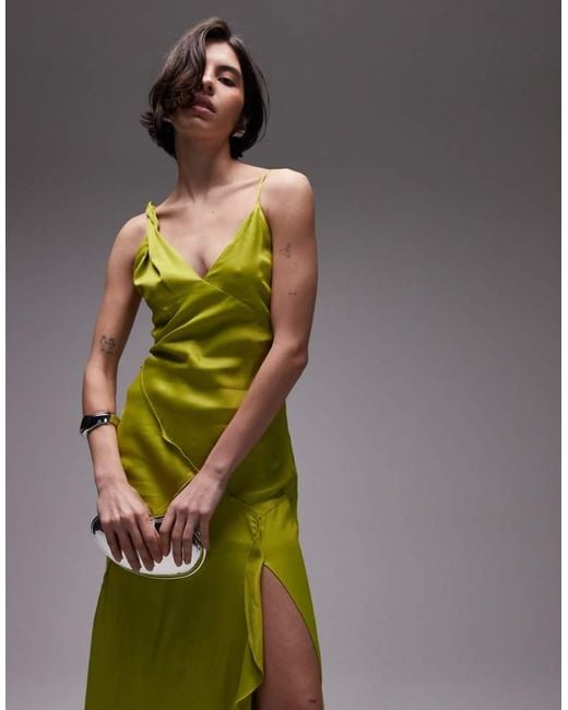 TOPSHOP Green Twist Shoulder Exposed Seam Midi Slip Dress