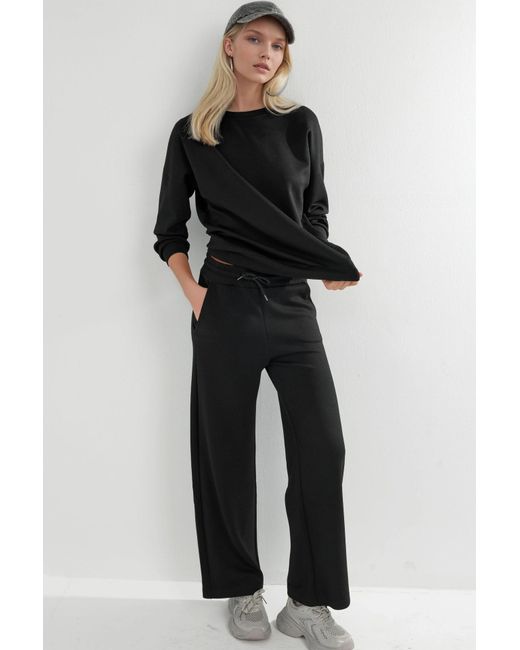 Hiccup Black Modal Touch Crew Neck Sweatshirt & Wide Leg Pants Two-Piece Set