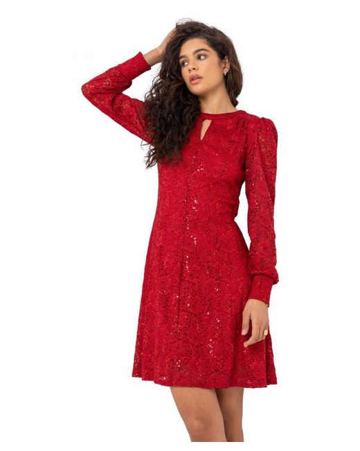 Roman Red Lace Sparkle Swing Dress
