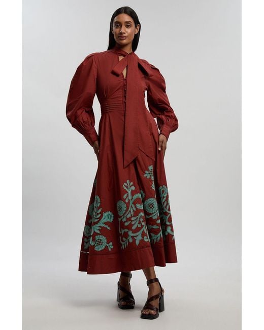 Karen Millen Red Cotton Border Cutwork Maxi Dress With Ladder Lace Trim