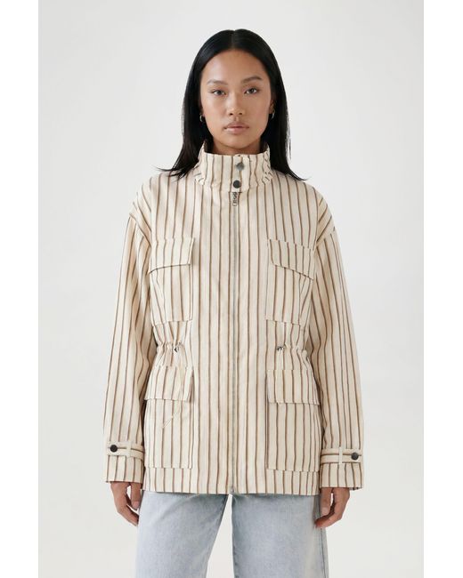 Boohoo Natural Funnel Neck Cinched Waist Stripe Shirt