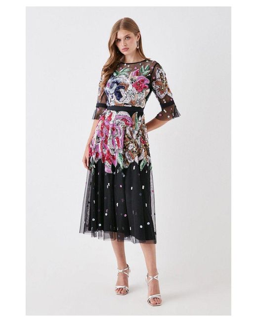 Coast Black Hand Embellished Mesh Midi Dress With Short Sleeve