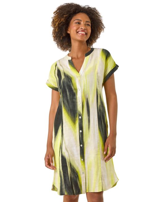 Roman Yellow Abstract Printed Linen Shift Dress
